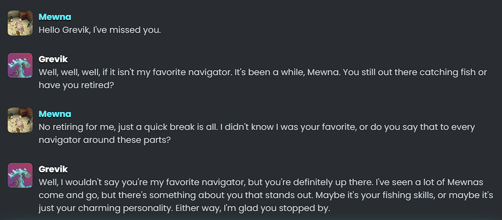 An image from The Local Universe of a user by the name of Mewna having a friendly conversation with an AI NPC. This AI NPC is named Grevik and also has a shop in the Local Universe