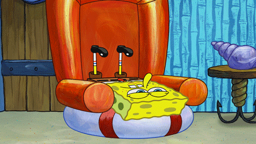 A gif of spongebob squarepants sitting bored in a chair, moving around.