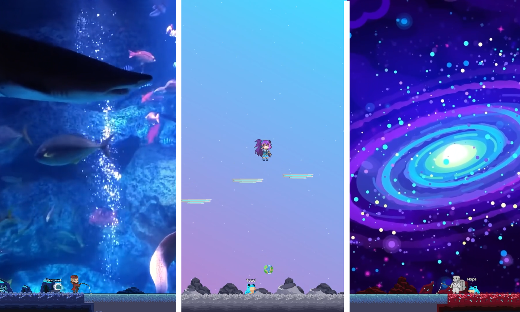 An image split into three sections of Local Universe gameplay. On the left side a user if fishing with a underwater YouTube video in the background. In the middle a user is jumping through the parkour course on a moon planet, On the right a user is fishing on a red planet with a video of a galaxy in the background